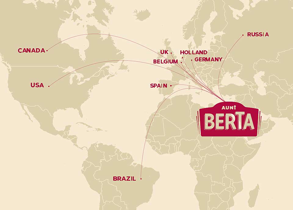 World marketing map of Aunt Bertha delicacies